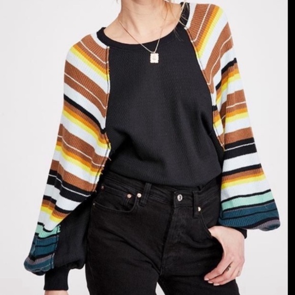 🌈NWT🌈 FP Black Rainbow Stripe Balloon Sleeve Top - Picture 12 of 15